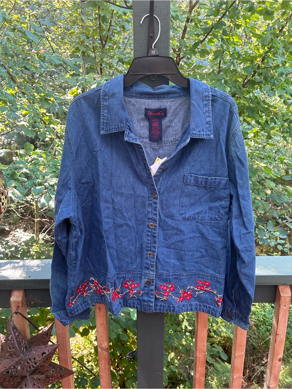 Denim&Co Blue Denim Jacket with Red Floral Embroidery
